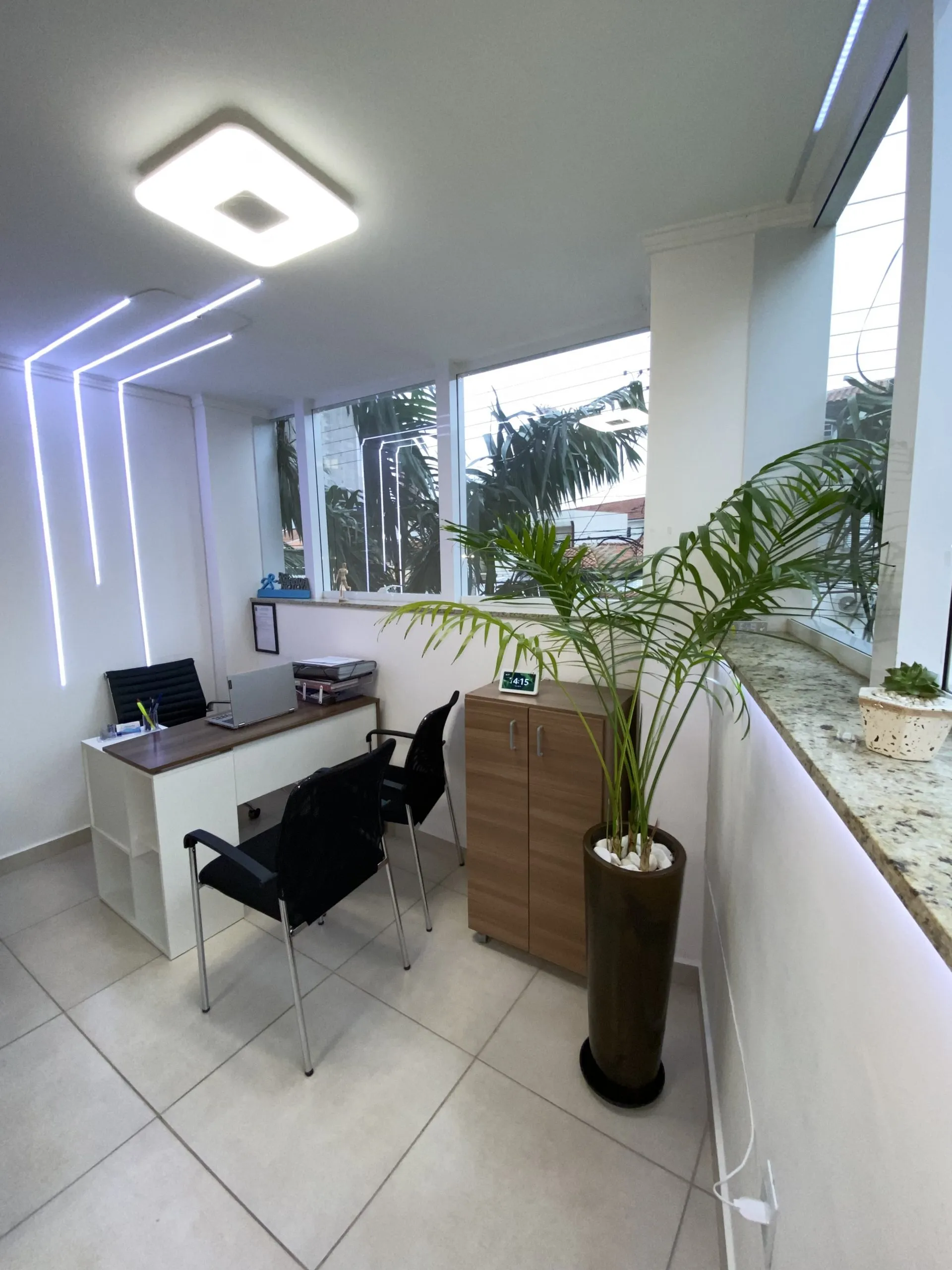Recepção iluminada com mesa, cadeiras e plantas