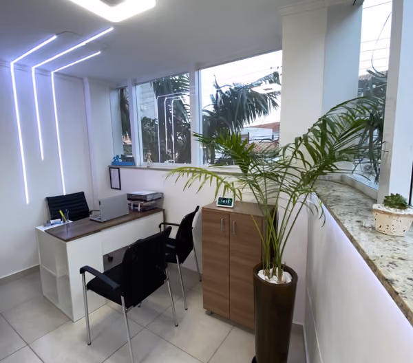 Recepção iluminada com mesa, cadeiras e plantas